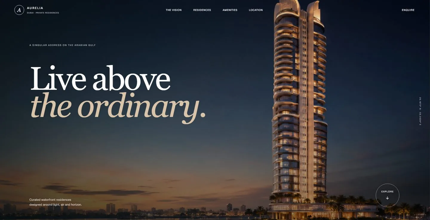 Главный экран лендинга Aurelia Private Residences в Дубае