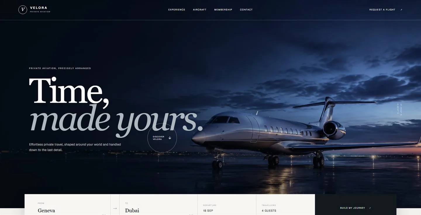 Главный экран лендинга Velora Private Aviation с частным самолетом